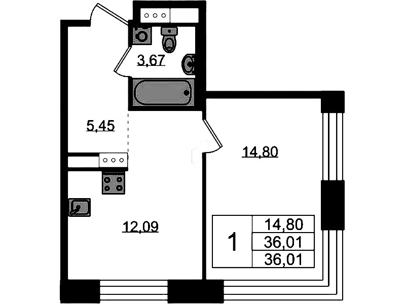 1-комнатная квартира 36.01 м², 4/5 эт., ЖК «Plus Пулковский»